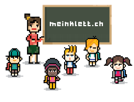 Bild in verspielten Pixel-Stil. Lehrerin vor Wandtafel und kinder die davor stehen. Auf der Wandtafel steht 'Beginn 17:30 Uhr'